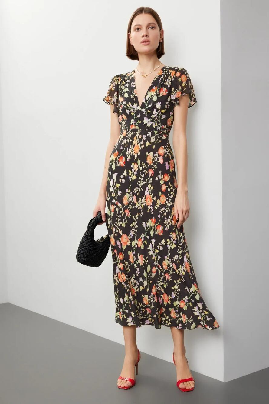Rixo Cinzia Dress Floral Print Chiffon Flutter Sleeve V-Neck Maxi A-Line Black L